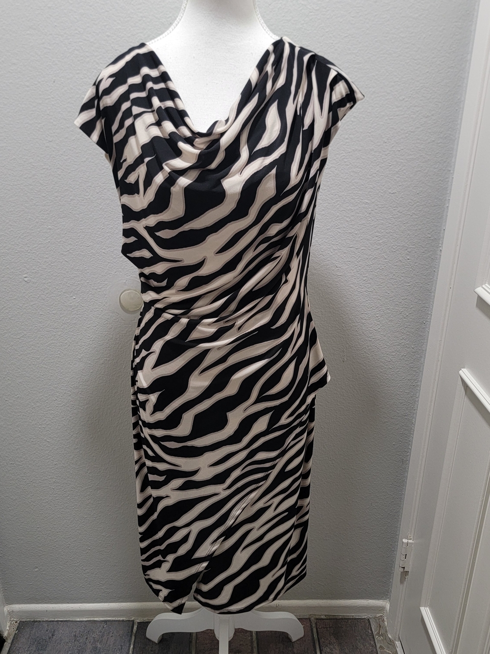 Joseph Ribkoff Black and Cream Zebra-Print Midi Dress